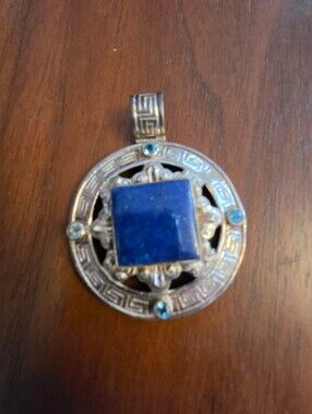 Vintage Himilayan Gems Genuine Lapis/blue Topaz Greek Key Medallion Pendant